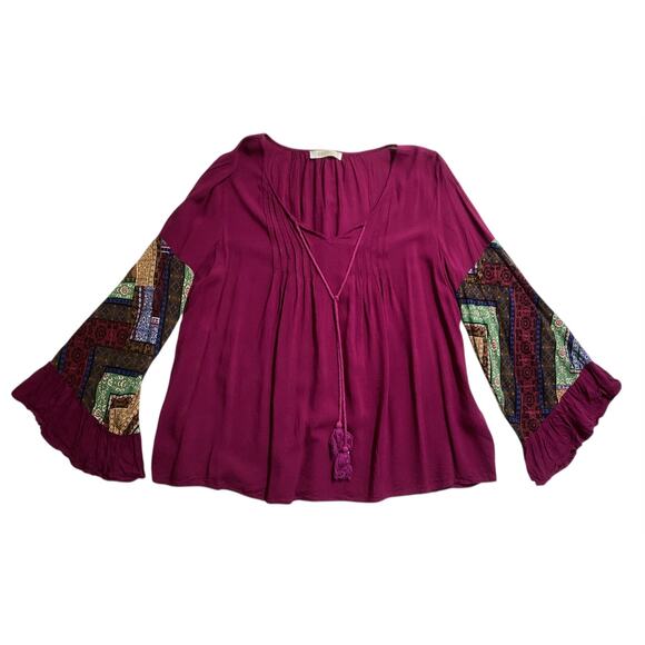 Entro women's boho-style peasant blouse v-neck bell sleeves size L magenta - Picture 2 of 9